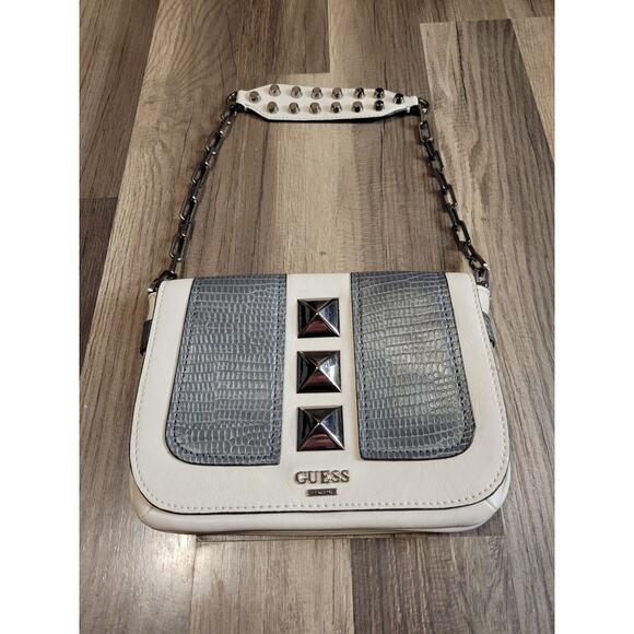 GUESS Leather Gray Cream Studded Handbag Purse Y2K Gunmetal Chain Handle - Picture 3 of 11